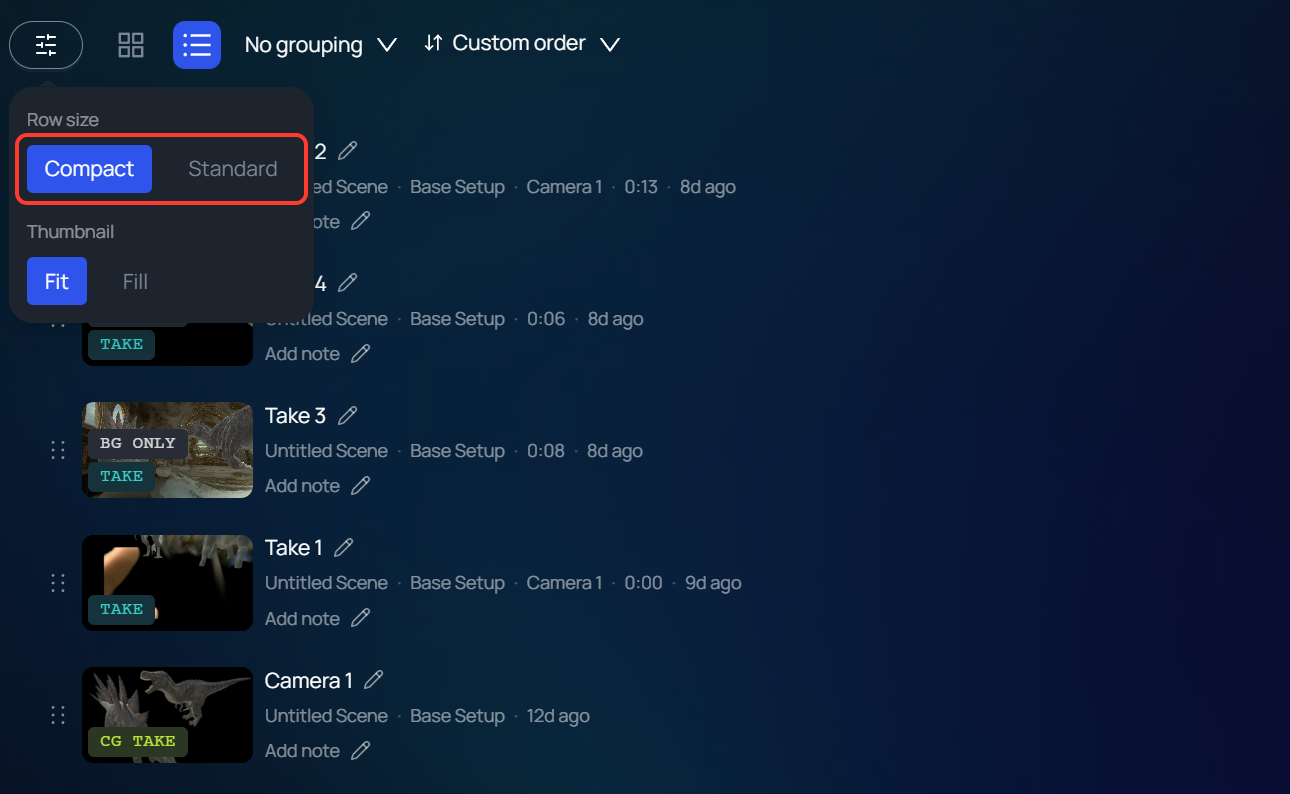 The Gallery in list view with the appearance menu open. Row size is set to Compact, and compact rows show behind it.