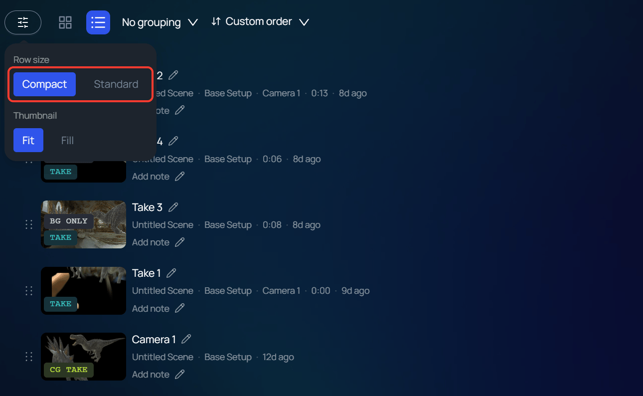 The Gallery in list view with the appearance menu open. Row size is set to Compact, and compact rows show behind it.