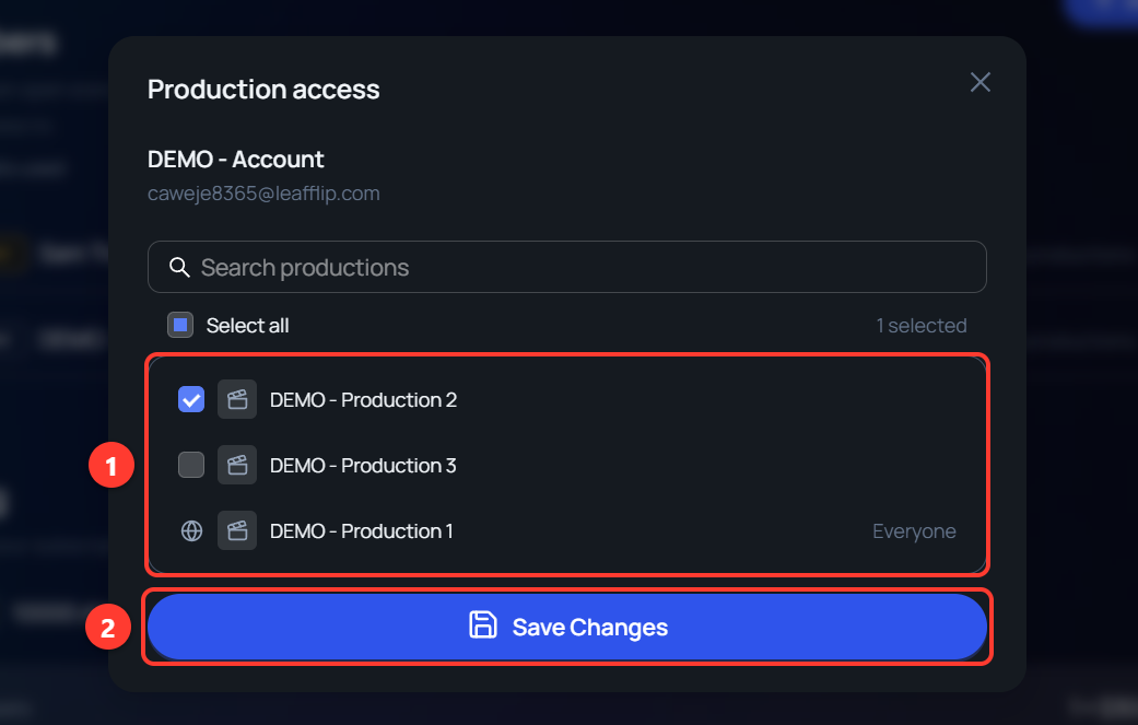 The Production access window for a member, with a list of productions and a Save Changes button.