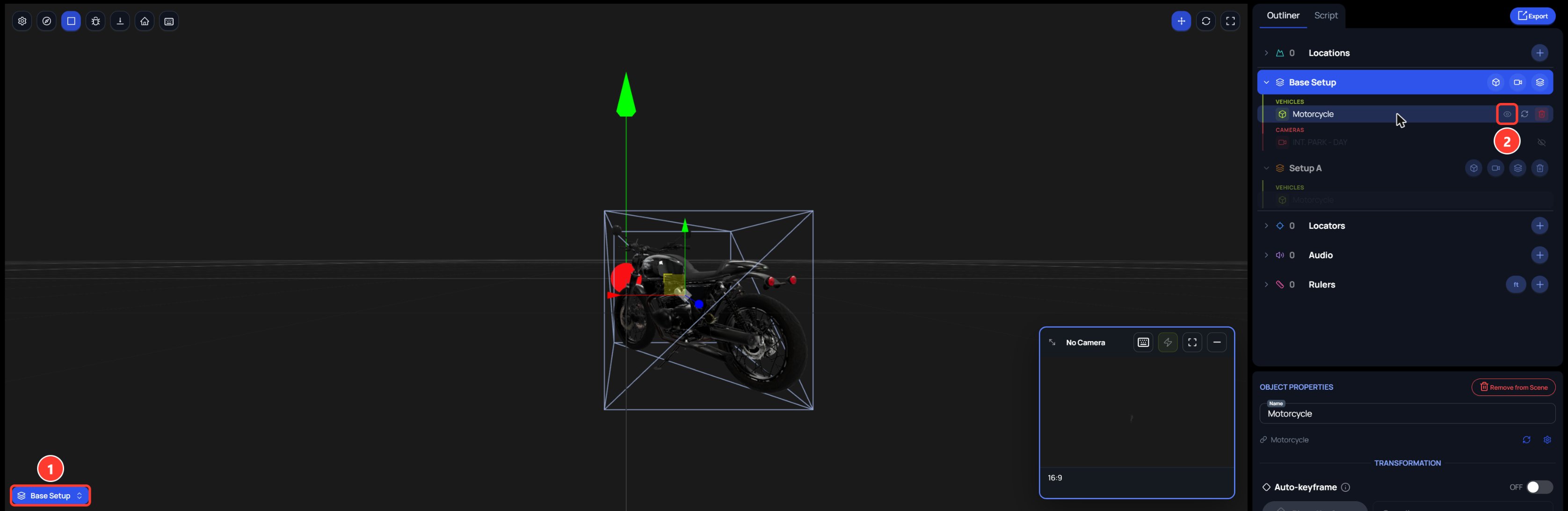 The same 3D scene with Base Setup active. The Motorcycle row has an open eye, and the motorcycle is on the canvas.