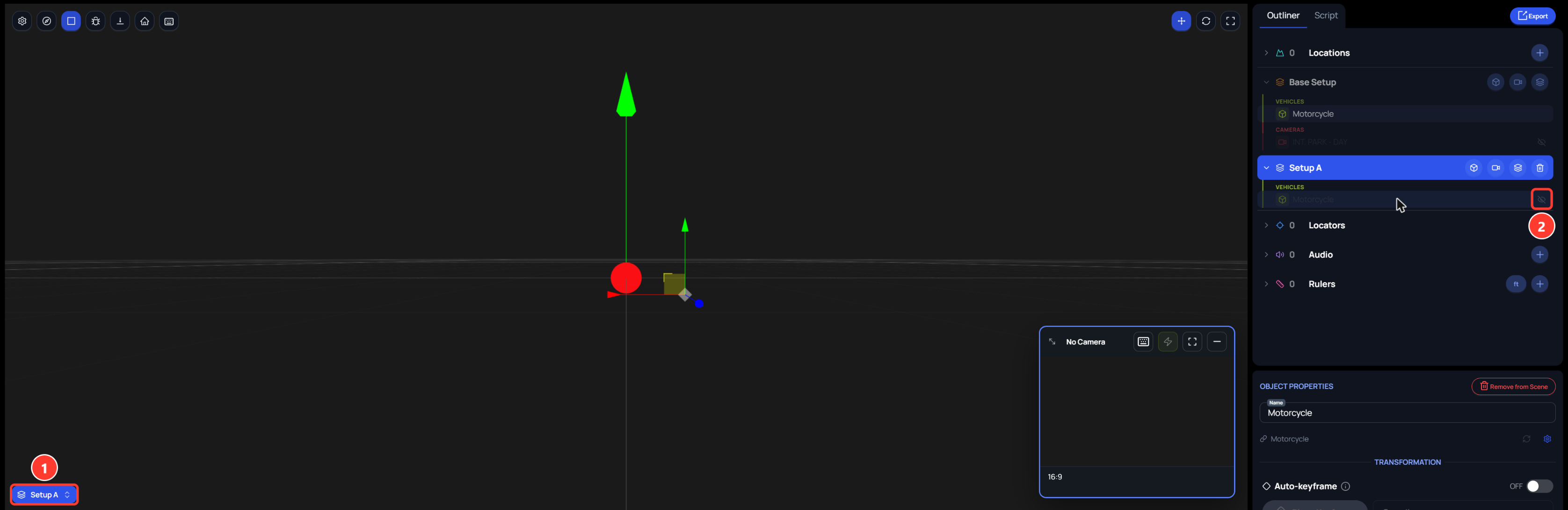 The 3D scene with Setup A active. The Motorcycle row in Setup A is dimmed with a crossed-out eye, and the motorcycle is missing from the canvas.