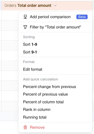 Quick calculation menu on a metric column