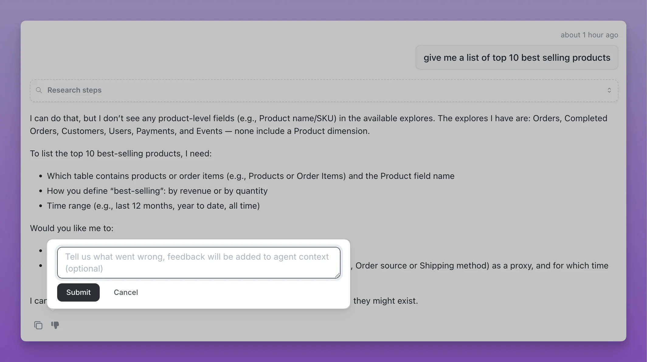 Feedback interface in Lightdash web application