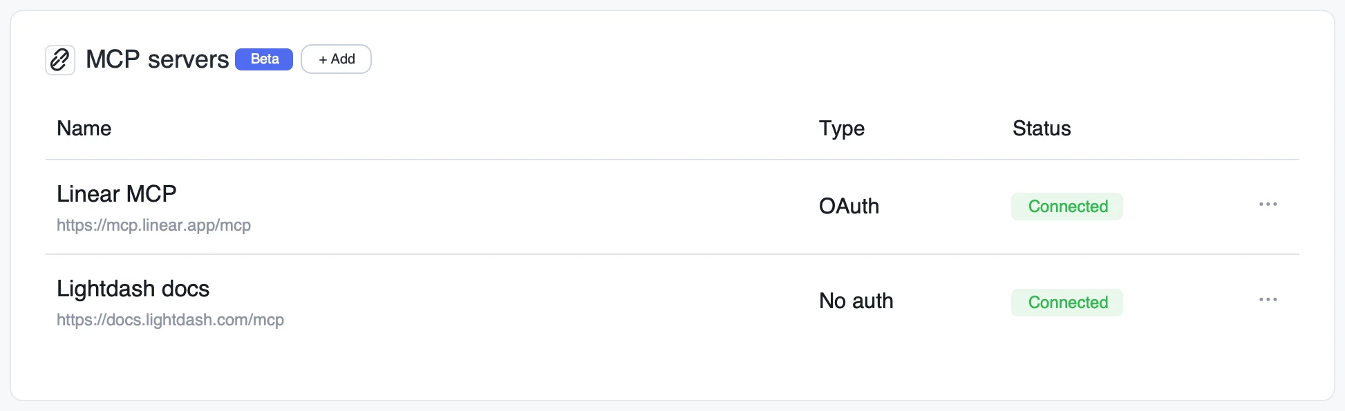 MCP servers list in project settings showing a Linear MCP server with OAuth and a Lightdash docs server with no auth, both connected