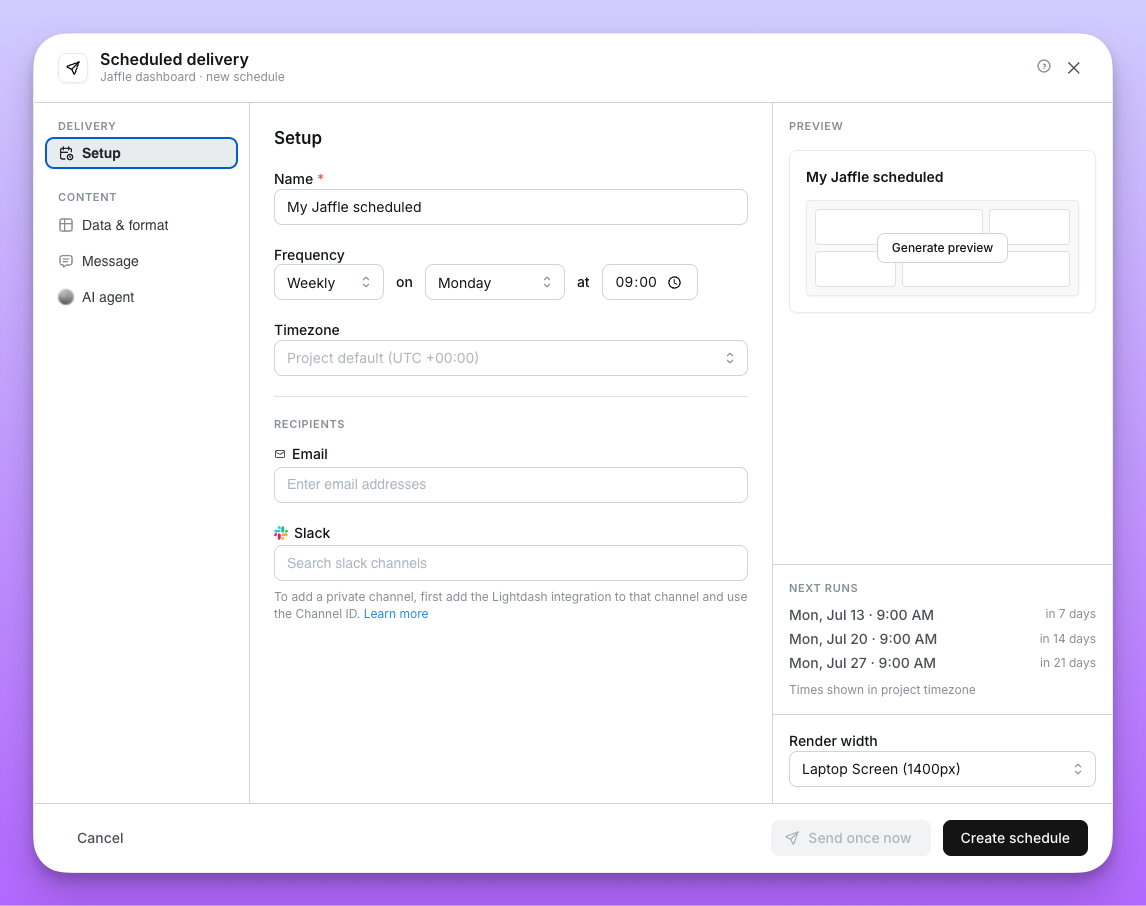 The Delivery > Setup panel with name, frequency, time zone and recipient fields, and the next send dates listed beside it