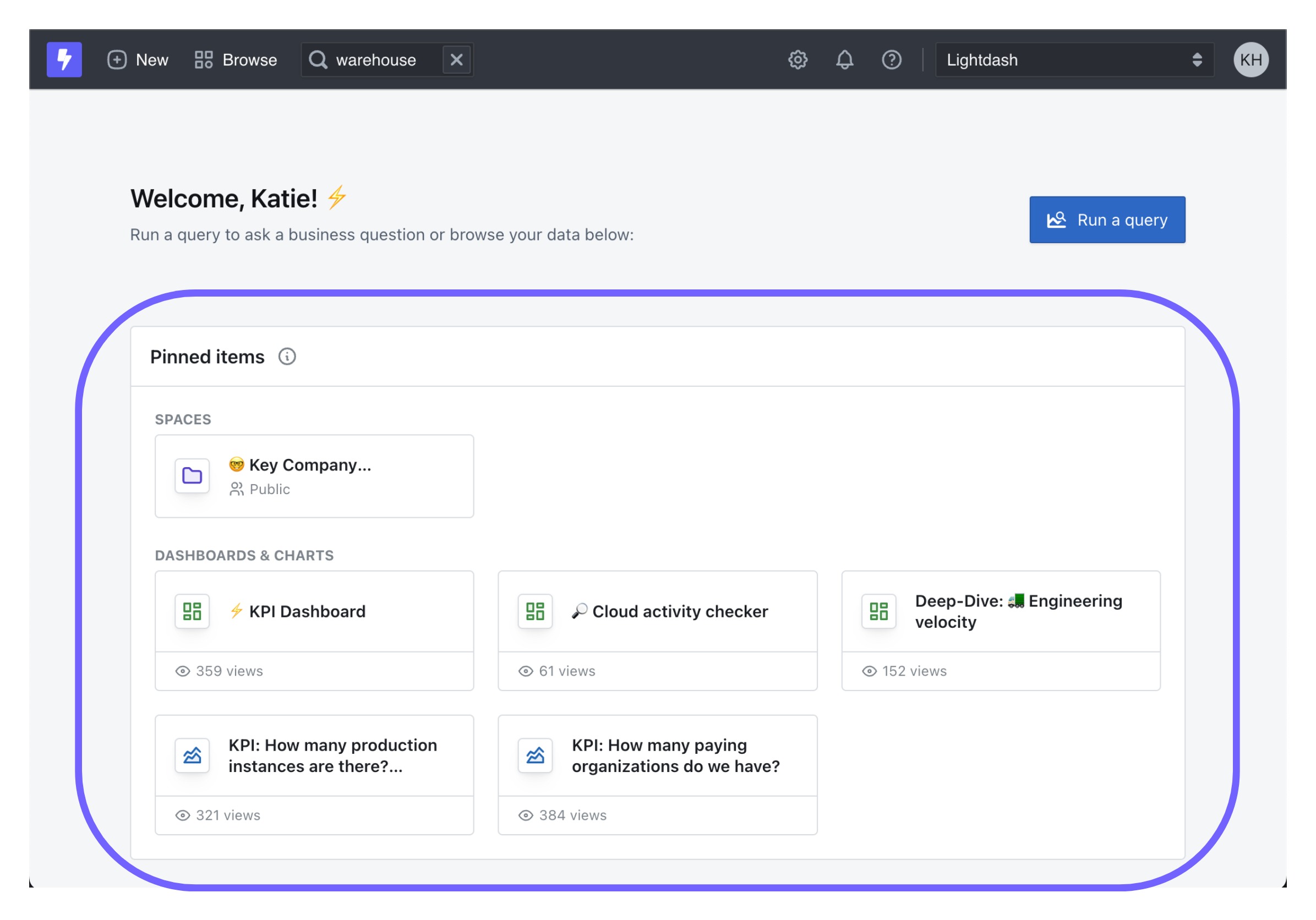 The Lightdash homepage with a Pinned group of spaces, dashboards and charts as the first section on the page