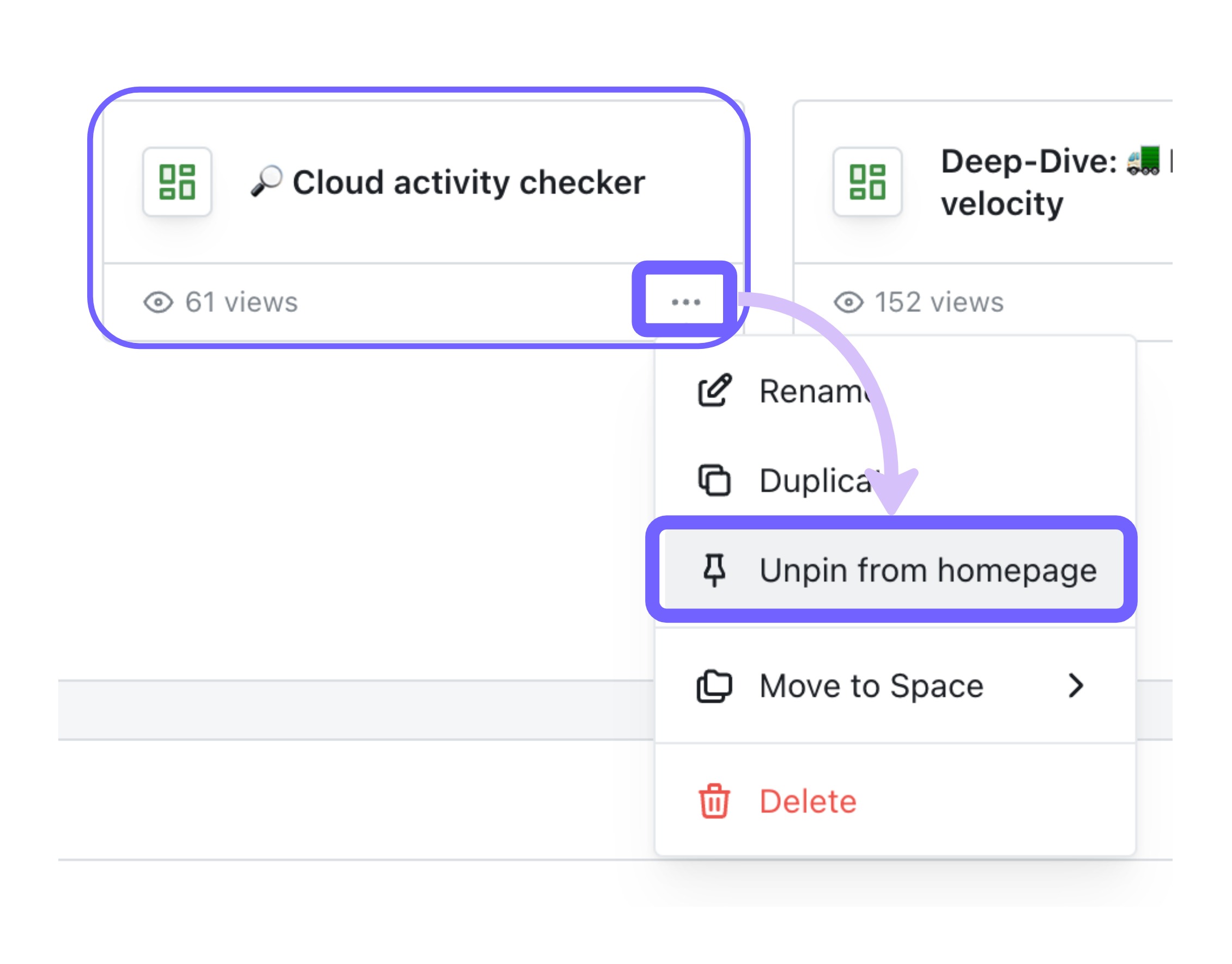 The three-dot menu open beside a pinned item, with Unpin from homepage in the list