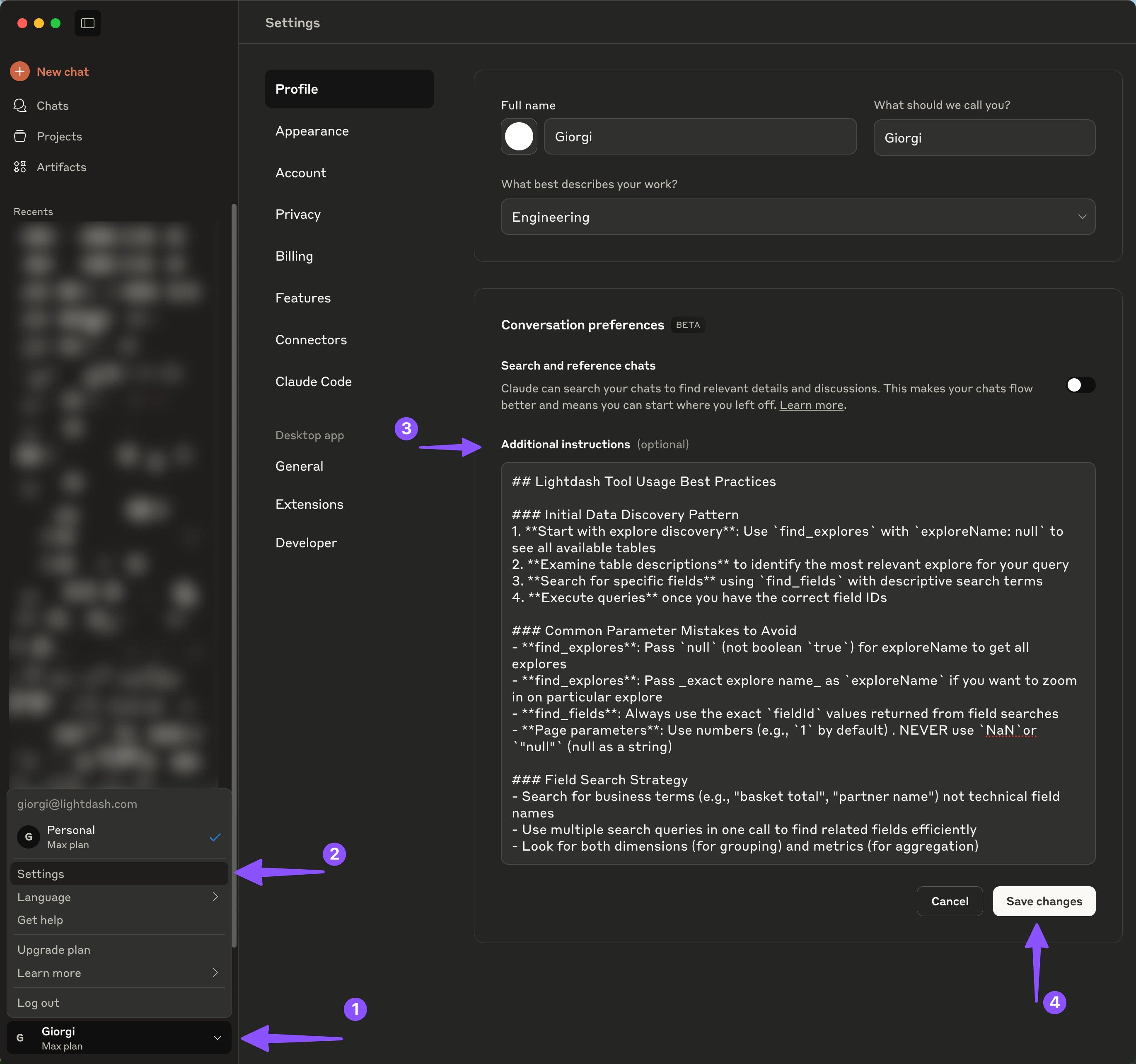 Setting up custom instructions for Lightdash MCP in Claude