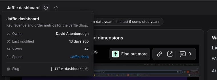 The dashboard info popover listing the owner alongside last modified, views, and space