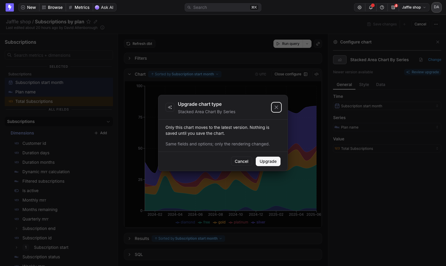 The Upgrade chart type dialog over the Explorer, listing what changed since the chart's version