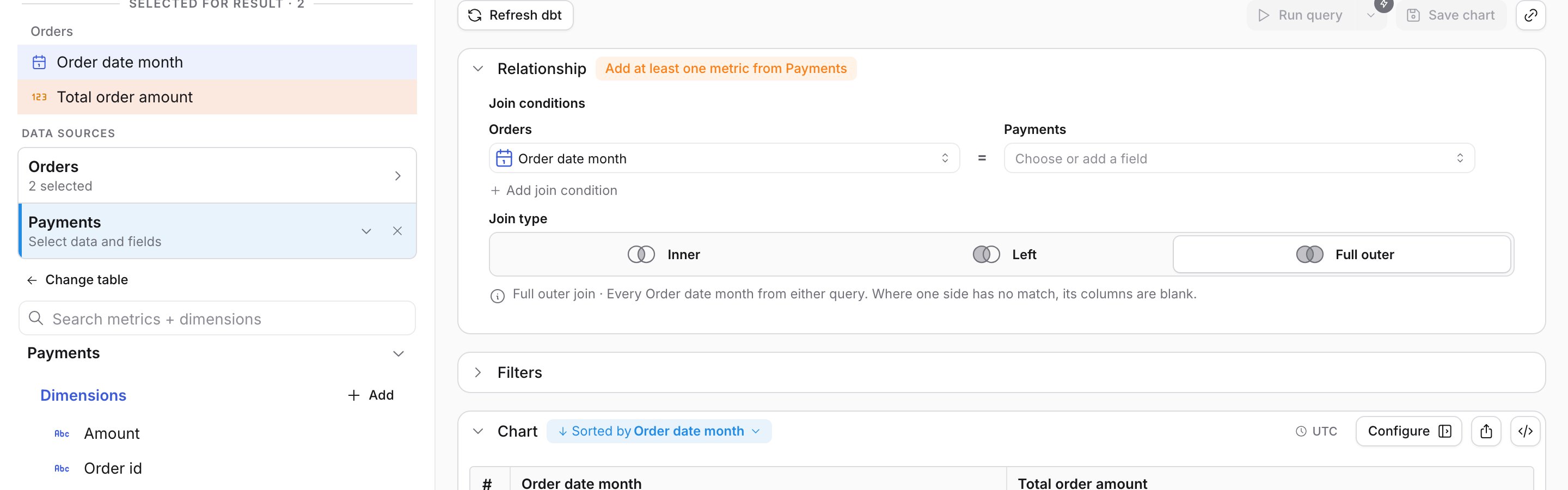 Payments chosen as the second source, with the Relationship card asking for at least one metric from Payments