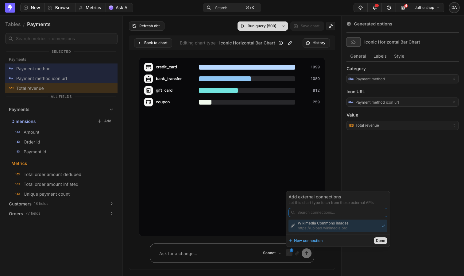 The chart type builder open in the Explorer, with the Add external connections picker showing a linked image host and the chart rendering an icon per bar
