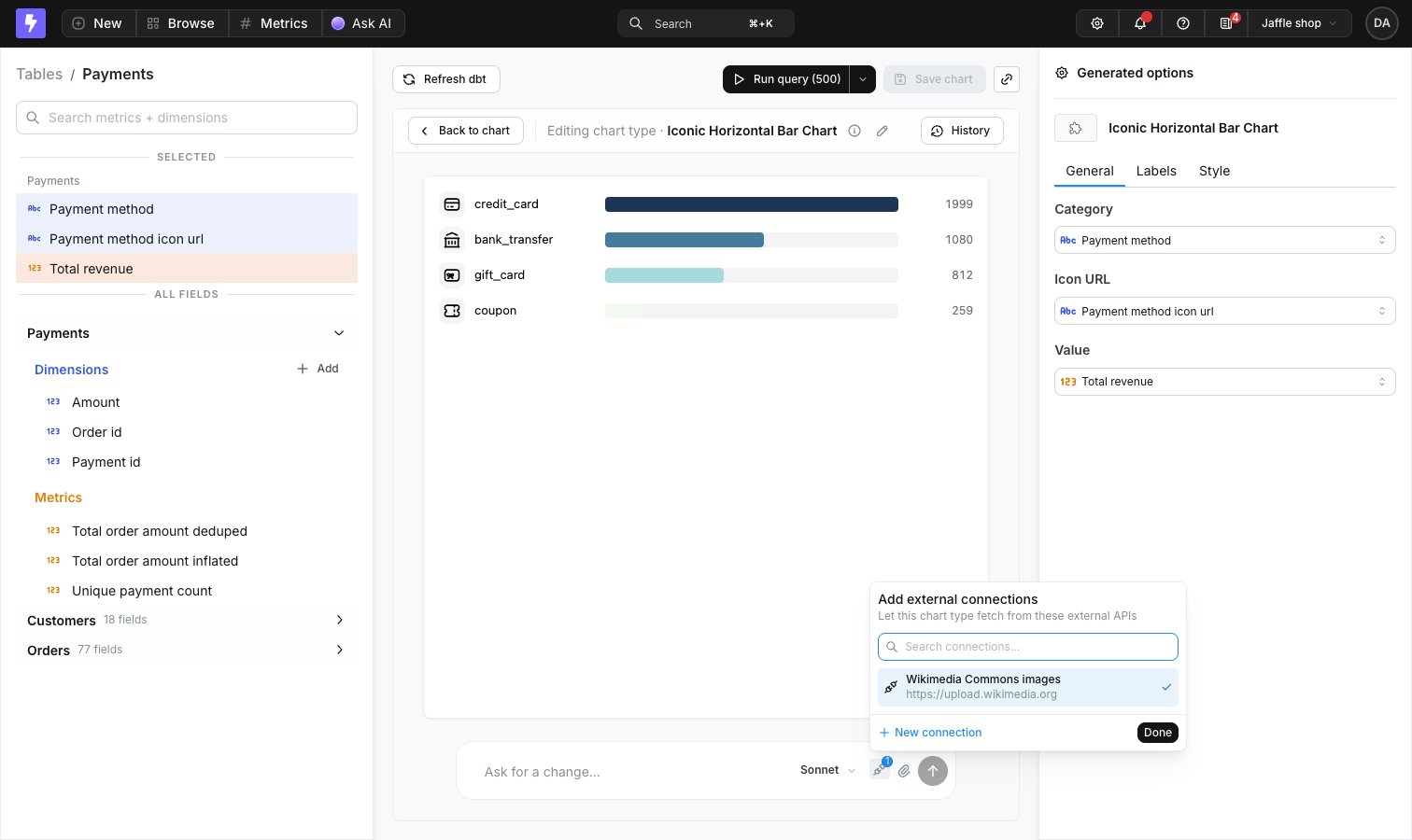 The chart type builder open in the Explorer, with the Add external connections picker showing a linked image host and the chart rendering an icon per bar
