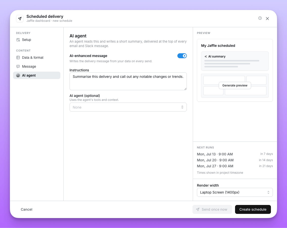 The Content > AI agent panel with AI-enhanced message toggled on, an Instructions box, and an agent picker