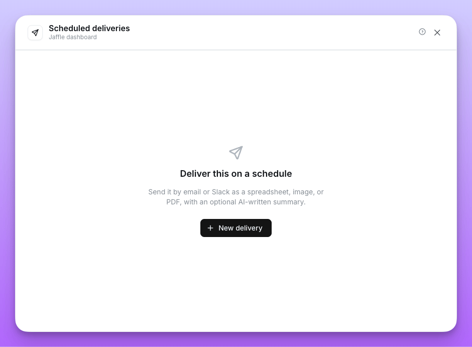 The scheduled deliveries modal with no deliveries yet, offering a New delivery button