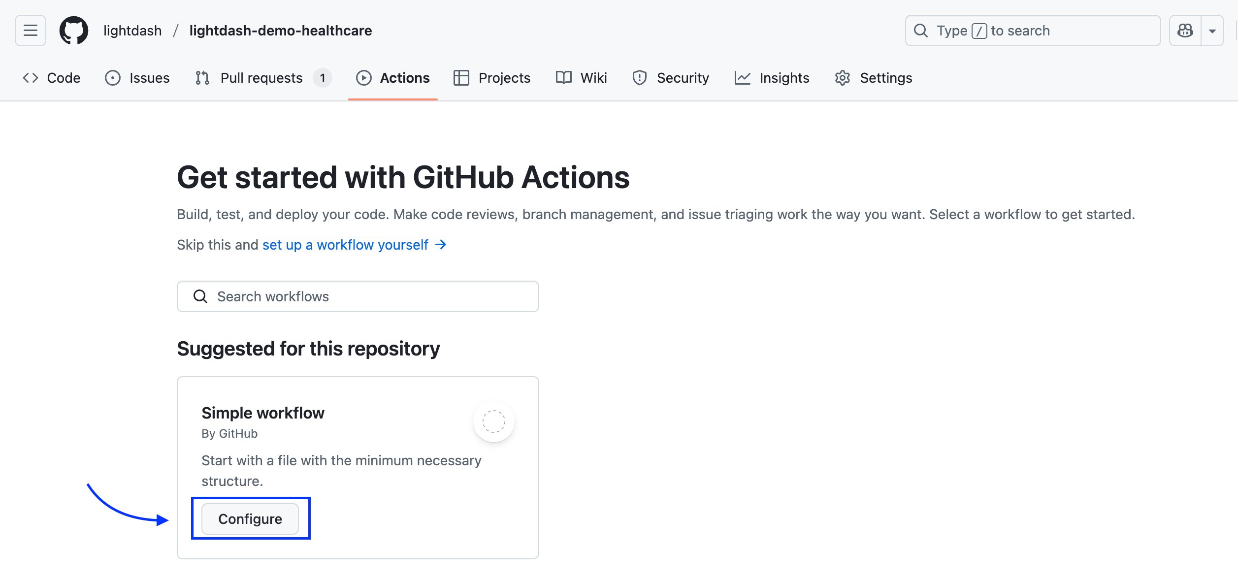 The Get started with GitHub Actions page with the Configure button on the Simple workflow card highlighted