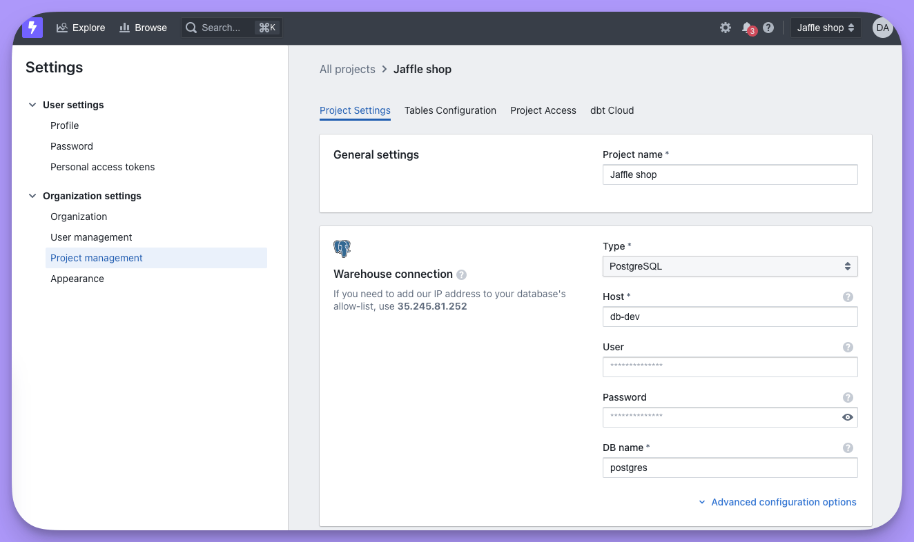 The warehouse connection panel of project settings, showing the static IP address to add to your allow-list