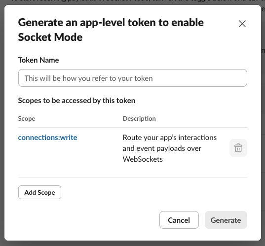 Generate app-level token dialog