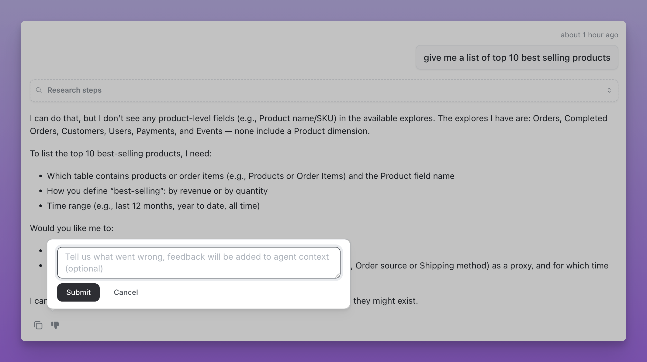 Feedback interface in Lightdash web application