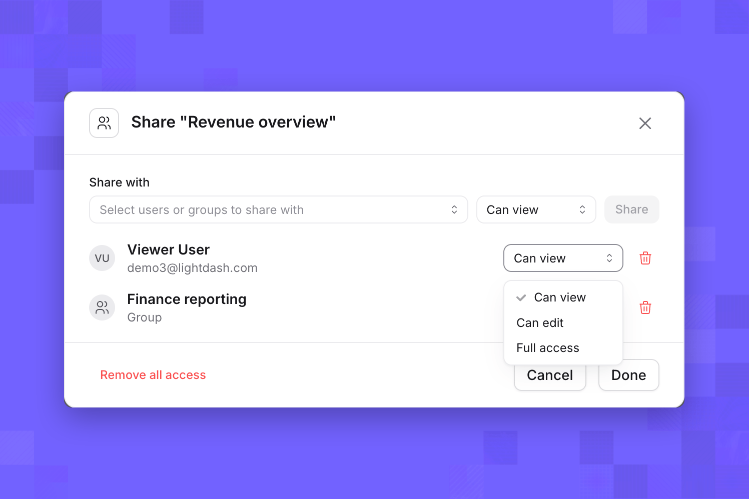 Role dropdown beside Viewer User offering Can view, Can edit, and Full access
