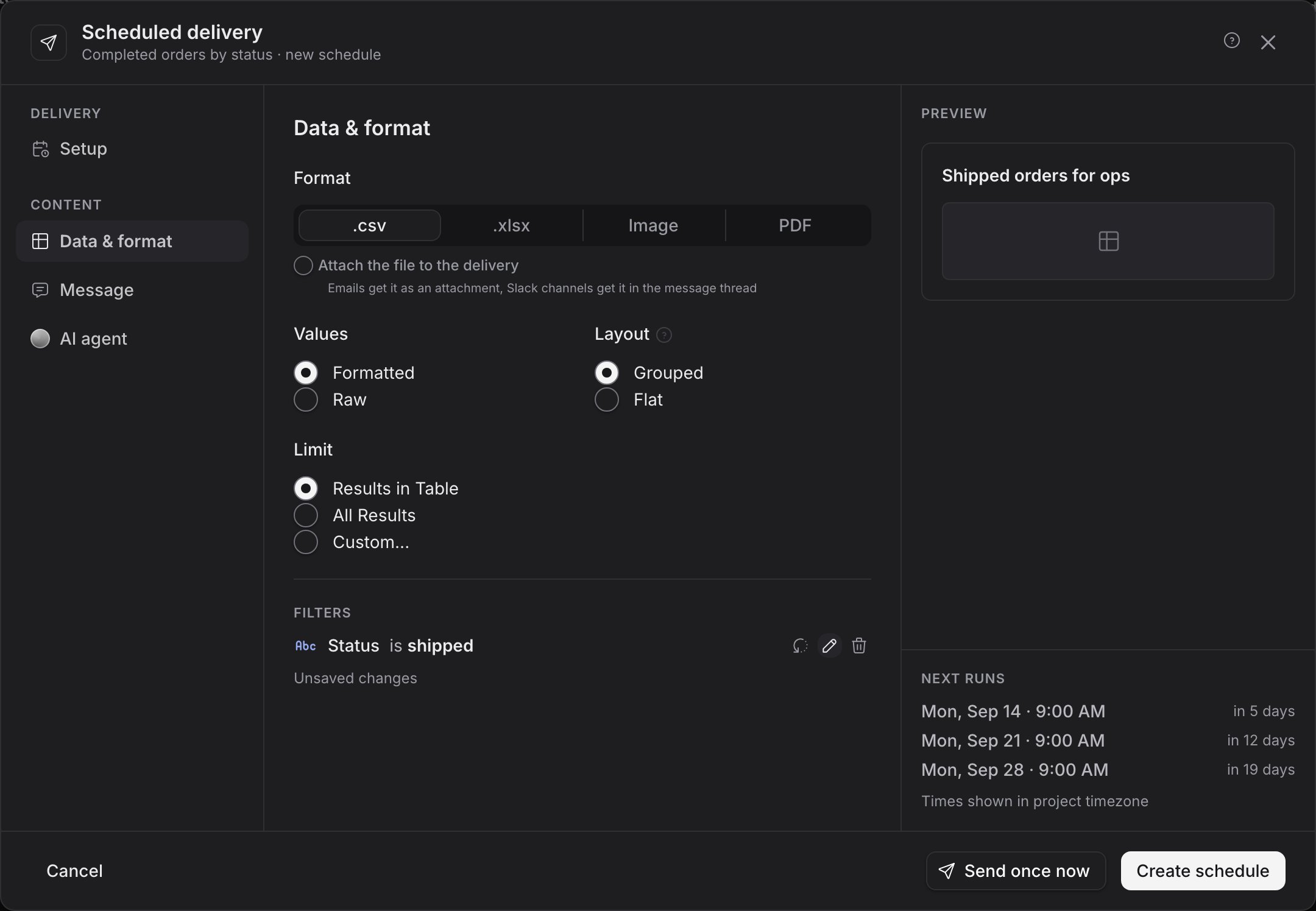 The Data & format panel for a chart delivery, with the chart's Status filter changed from completed to shipped and marked as an unsaved change