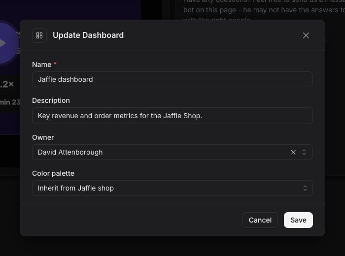 The Update Dashboard form with an Owner field set to a team member