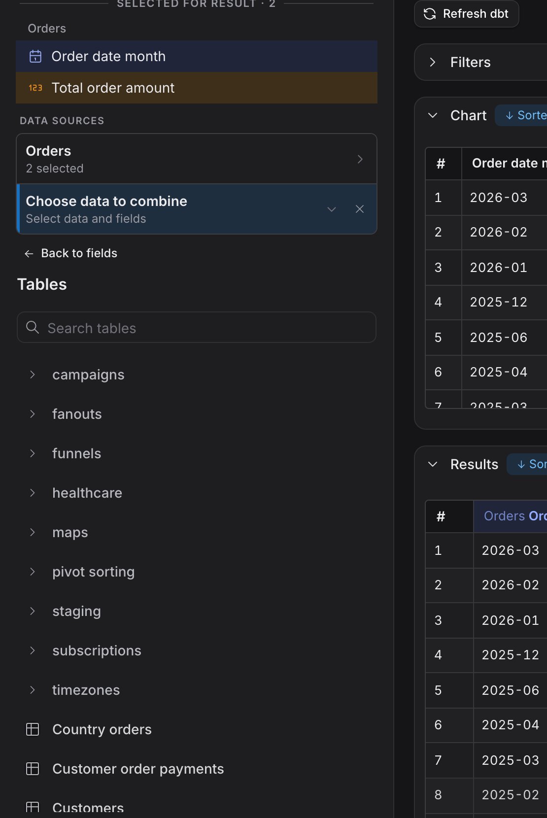 The Data sources panel listing Orders and a Choose data to combine card above a searchable table list