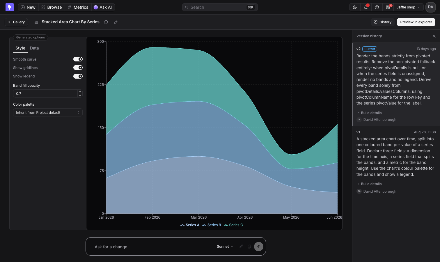 The chart type builder, with the generated options panel, the sample-data preview, the version history, and the prompt bar