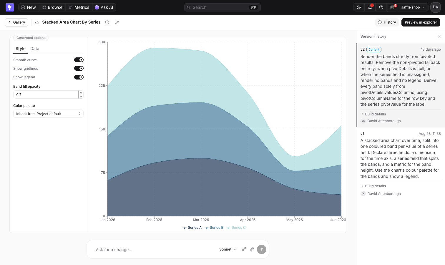 The chart type builder, with the generated options panel, the sample-data preview, the version history, and the prompt bar