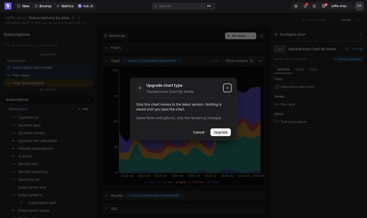 The Upgrade chart type dialog over the Explorer, listing what changed since the chart's version