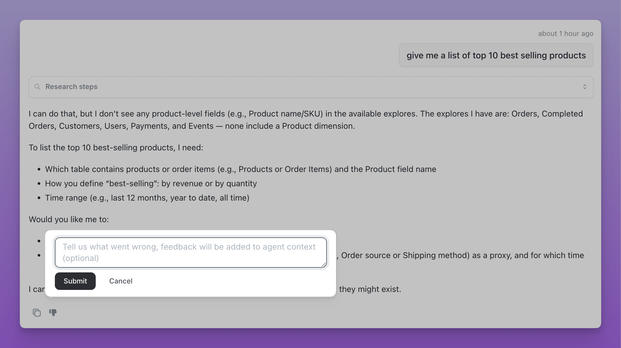 Feedback interface in Lightdash web application