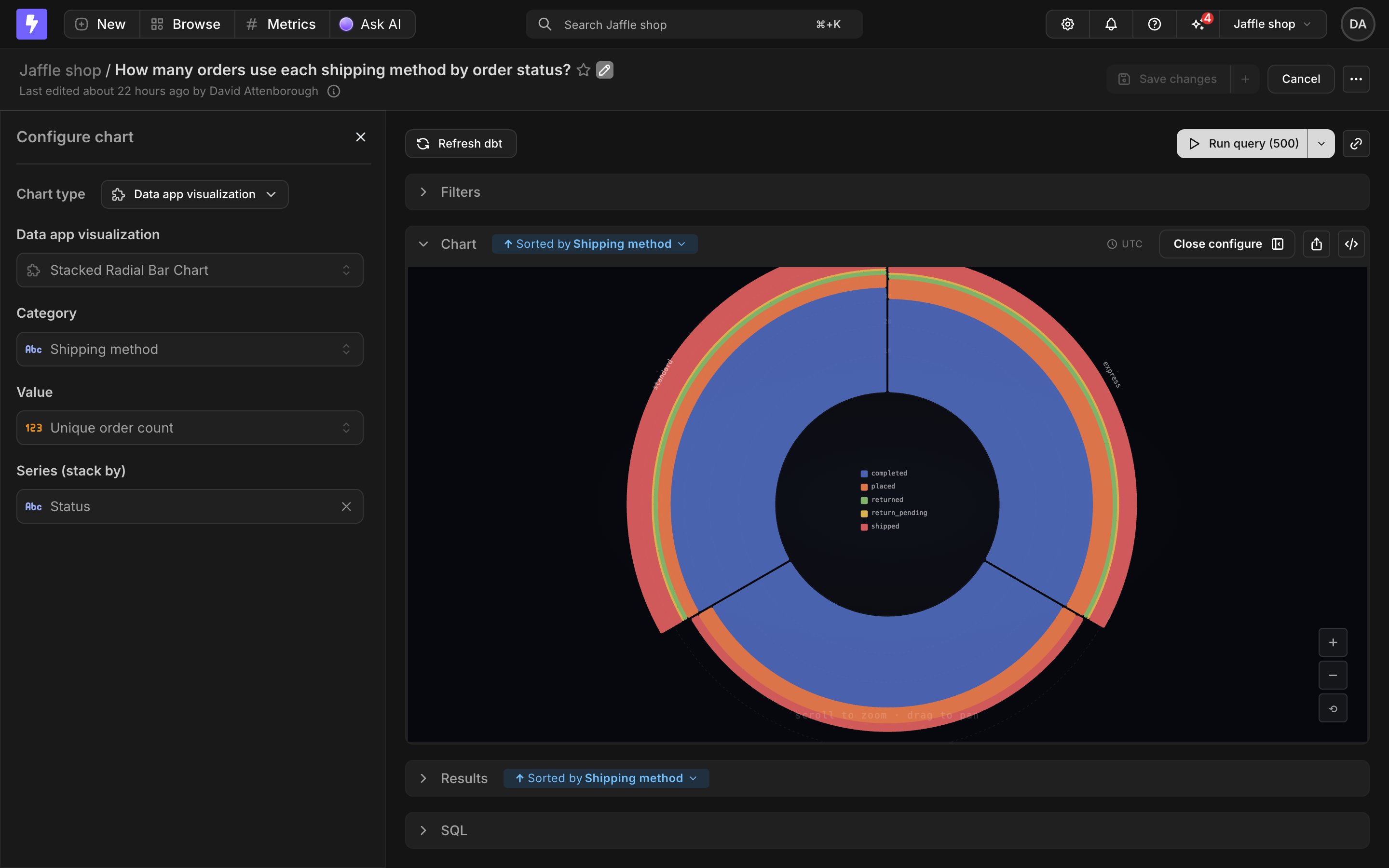 The Explorer chart configuration with the data app visualization chart type selected, showing the visualization dropdown and field mapping pickers