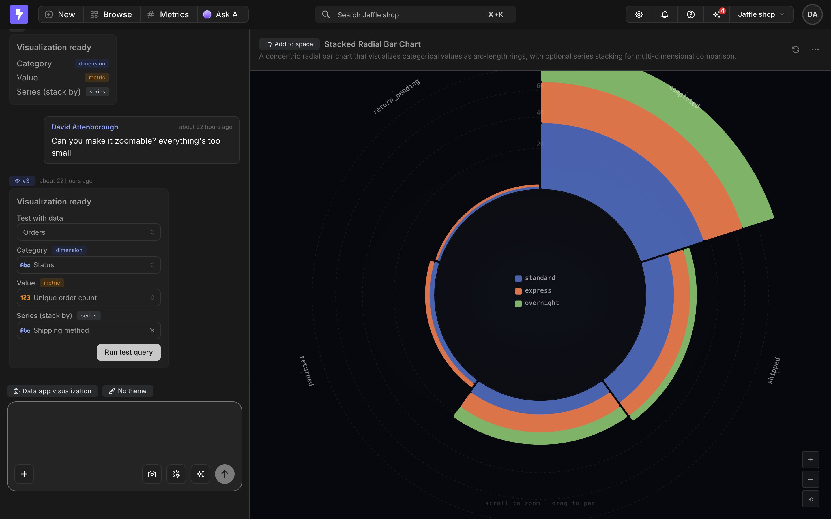 The Visualization ready result card with the test panel, showing declared fields mapped to explore fields and a live preview