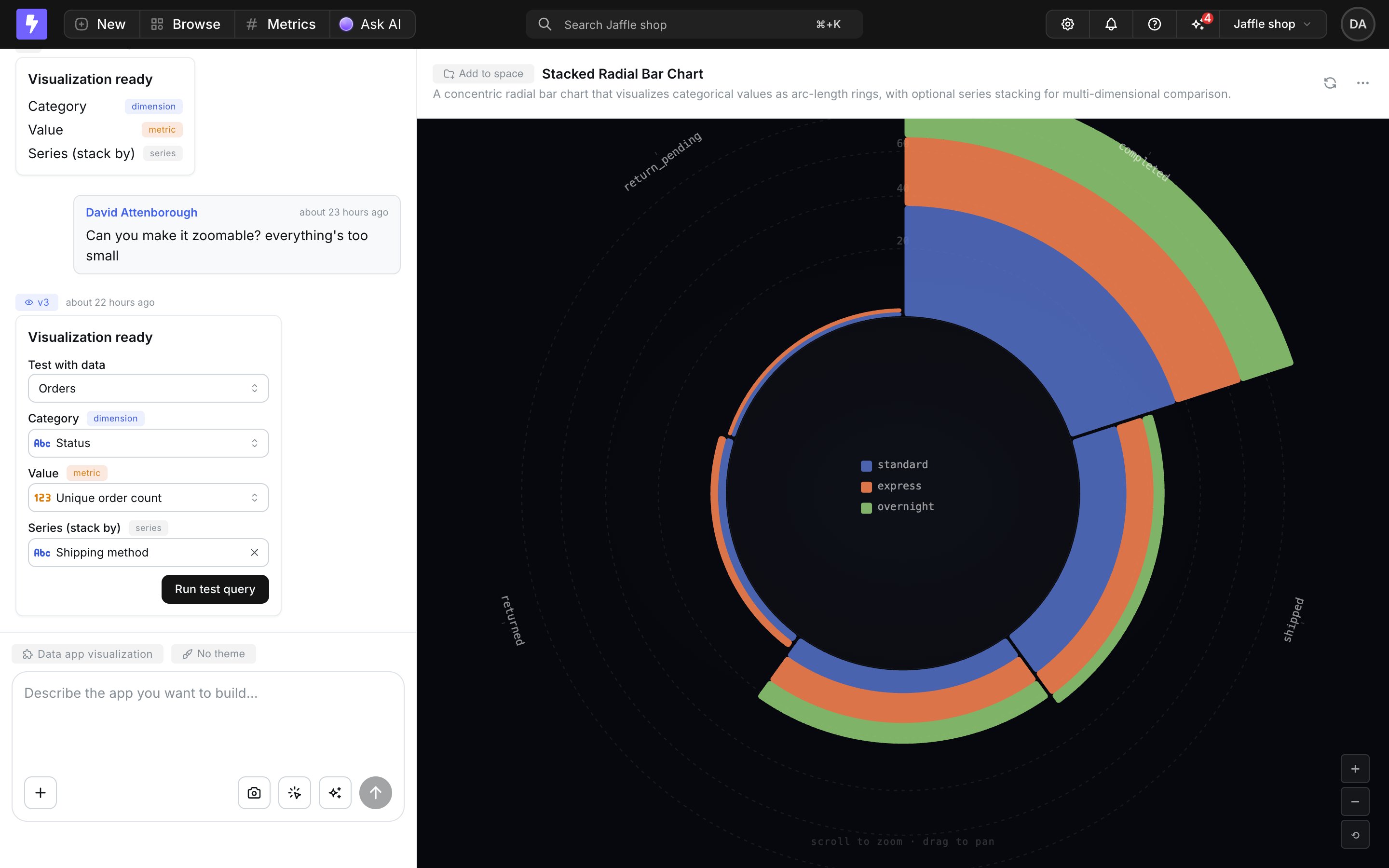 The Visualization ready result card with the test panel, showing declared fields mapped to explore fields and a live preview