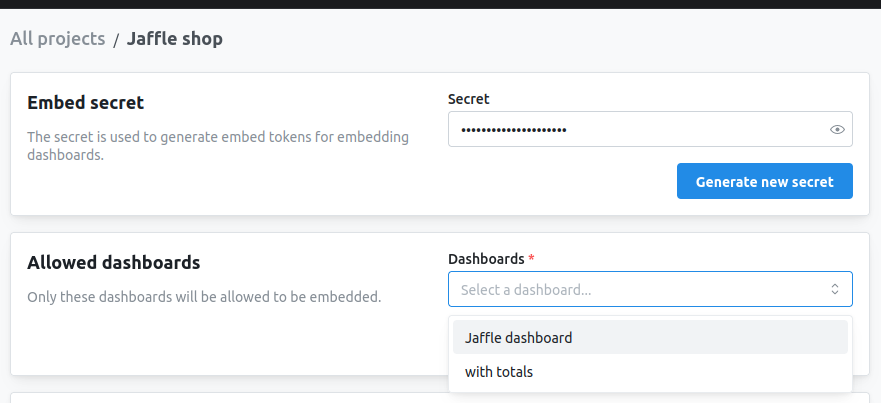 The Allowed dashboards card with its dashboard picker open, listing two selectable dashboards