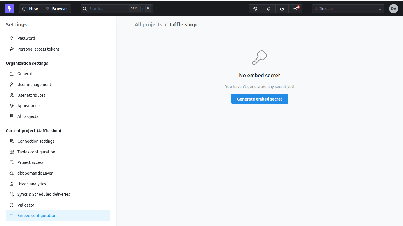 Project settings on the Embed configuration tab, showing an empty "No embed secret" state with a Generate embed secret button