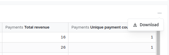 A table tile's menu open over the results, offering a single Download option