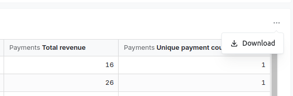 A table tile's menu open over the results, offering a single Download option