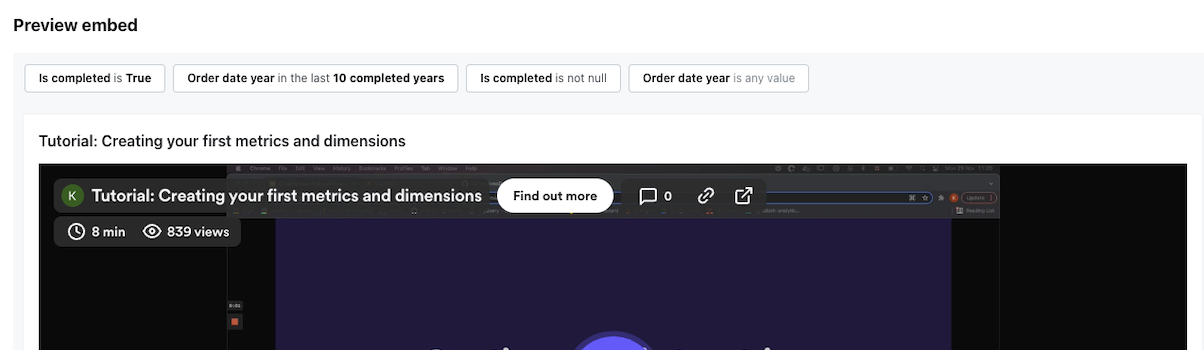 Embed preview with all four of the dashboard's filters shown as interactive chips above the tiles