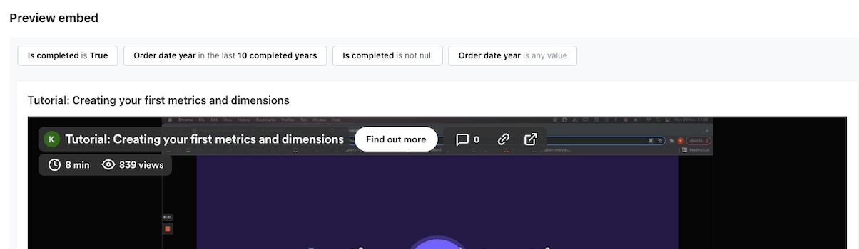 Embed preview with all four of the dashboard's filters shown as interactive chips above the tiles