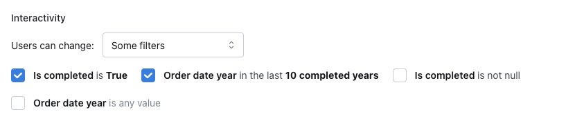Interactivity settings set to "Some filters", with two of the four dashboard filters ticked