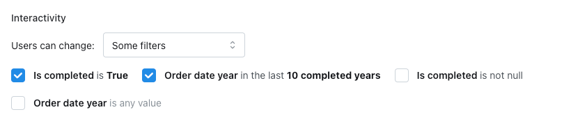 Interactivity settings set to "Some filters", with two of the four dashboard filters ticked