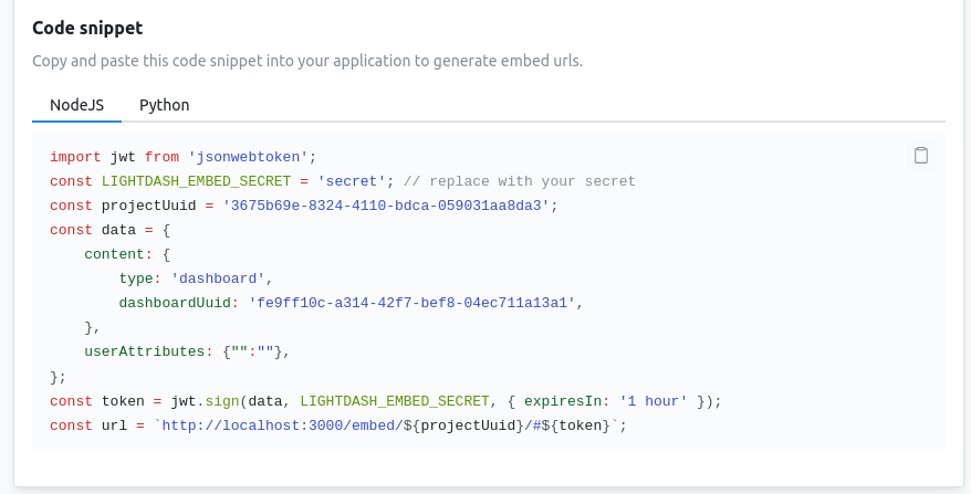 The Code snippet panel showing NodeJS and Python tabs, with NodeJS code that signs a dashboard JWT and builds the embed URL