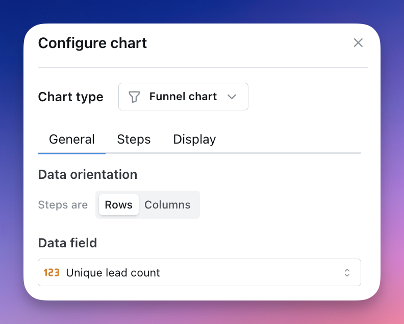 The funnel chart General settings panel, with controls for which row or column supplies the stages and how labels are shown