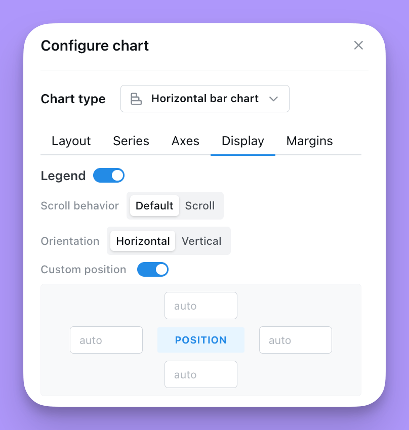 The legend section of the Display tab, with the show toggle, placement options and position coordinate fields