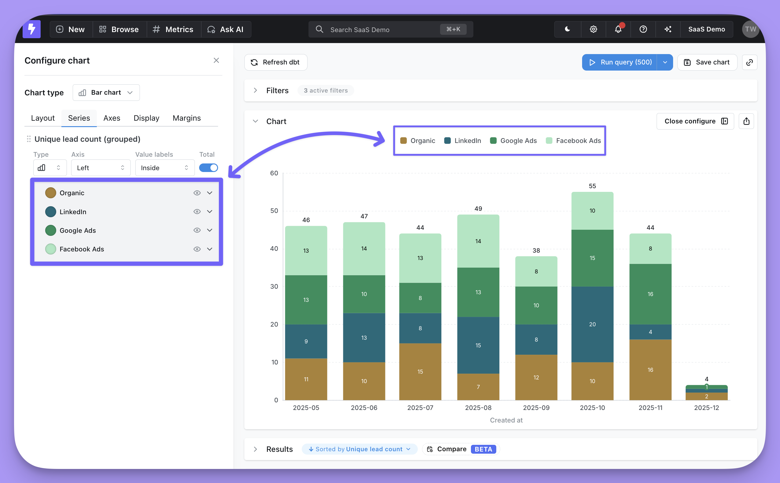 The Series tab listing each data series in the chart, with per-series colour, label and type controls