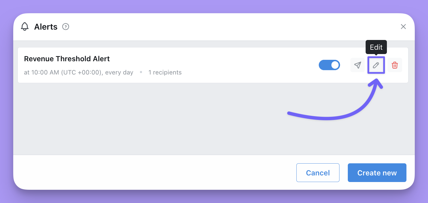 The alerts list, each row with a pencil icon to edit, a trash icon to delete, and a toggle to pause it