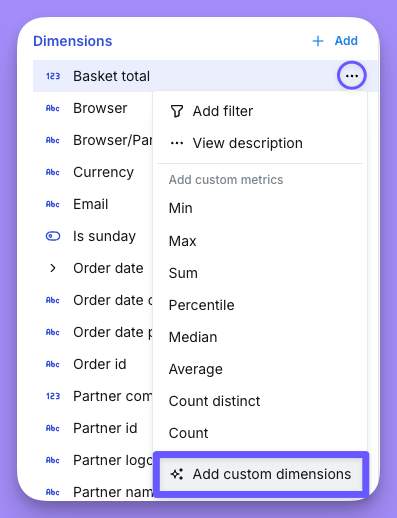 A numeric dimension's three-dot options menu open, with the Bin option that starts a binned custom dimension