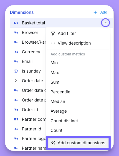A numeric dimension's three-dot options menu open, with the Bin option that starts a binned custom dimension