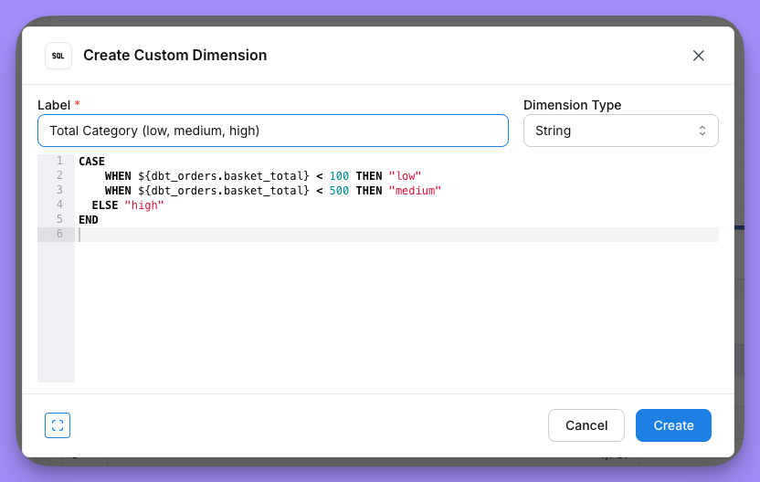 The custom SQL dimension form, with a name field and a SQL editor holding a CASE statement over order subtotals